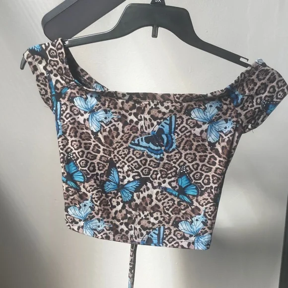 3/$12 Rue21 top Butterfly animal print cinch string in front casual boho M jr - Picture 10 of 17